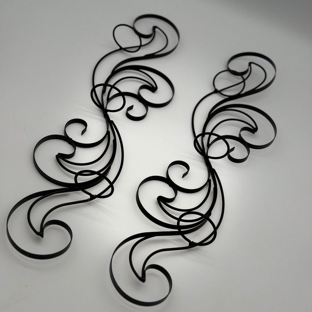 Vintage Black Metal Scroll Wall Decor Sconces Set of 2 Filigree Swirls 28 Inch